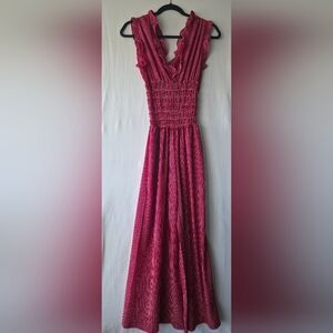 Max Studio Boho Ruffle Smocked Wide Leg Jumpsuit Red White Geometric Summer